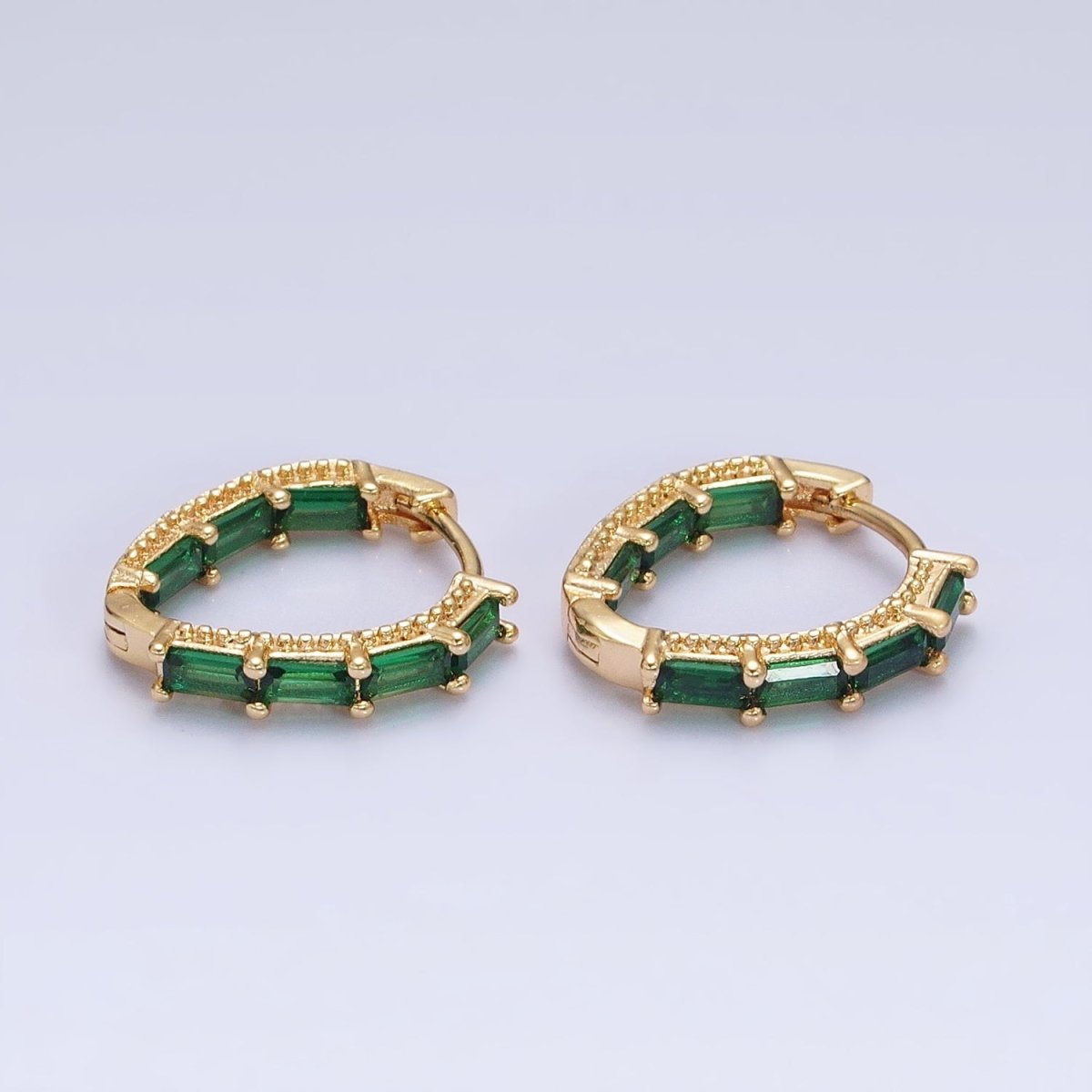 16K Gold Filled Blue, Green Baguette CZ Front-Sided Triangle Hoop Earrings in Gold & Silver | AD1108 - AD1111 - DLUXCA