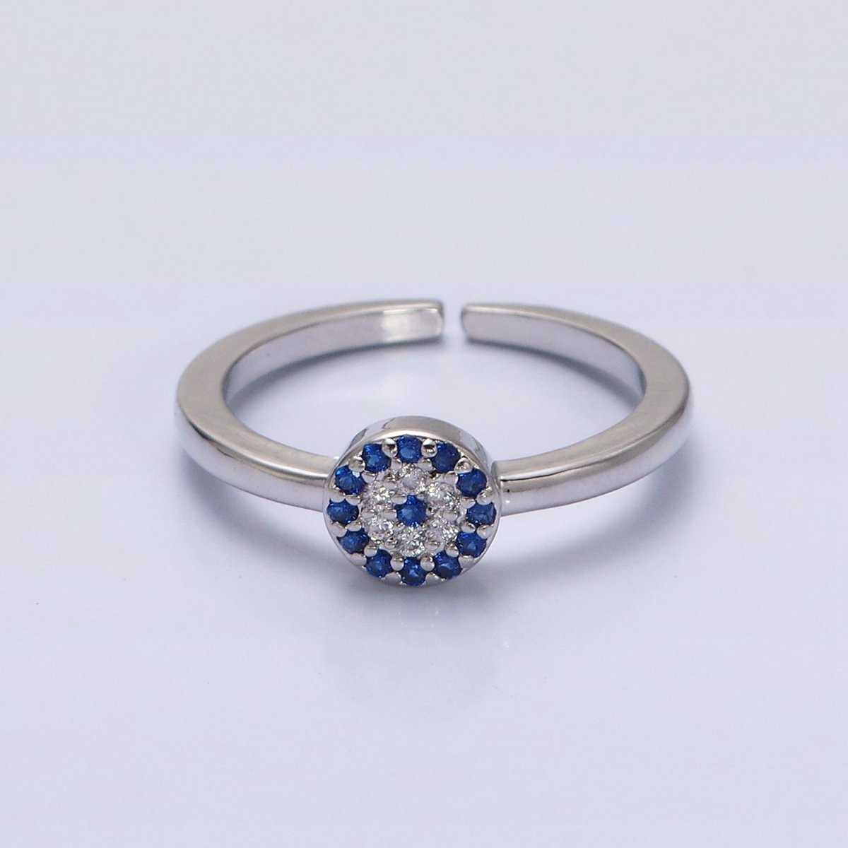 16K Gold Filled Blue Micro Paved CZ Round Evil Eye Adjustable Ring in Gold & Silver | O-1627 O-1628 - DLUXCA