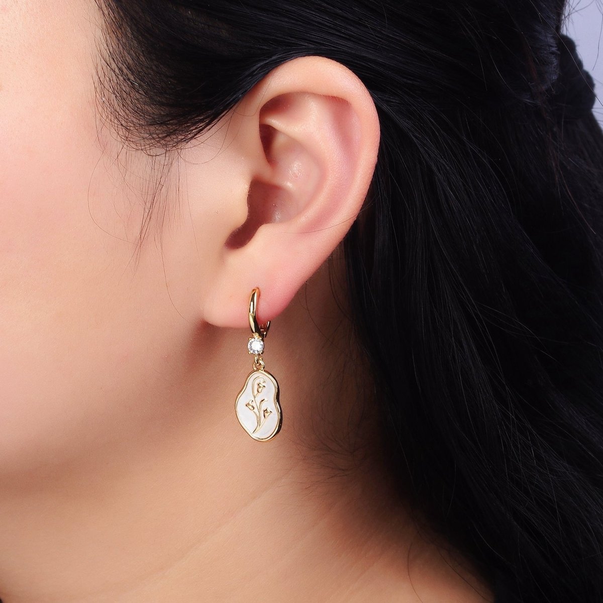 16K Gold Filled Blue, Pink, White Sparkly Enamel Tulip April Birth Flower Abstract CZ Drop Huggie Earrings | Y-818 ~ Y-820 - DLUXCA