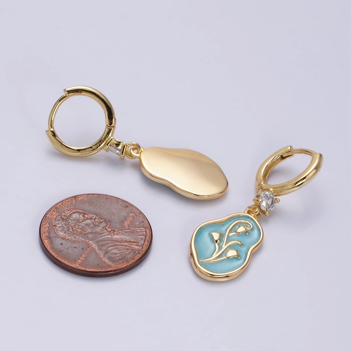 16K Gold Filled Blue, Pink, White Sparkly Enamel Tulip April Birth Flower Abstract CZ Drop Huggie Earrings | Y-818 ~ Y-820 - DLUXCA