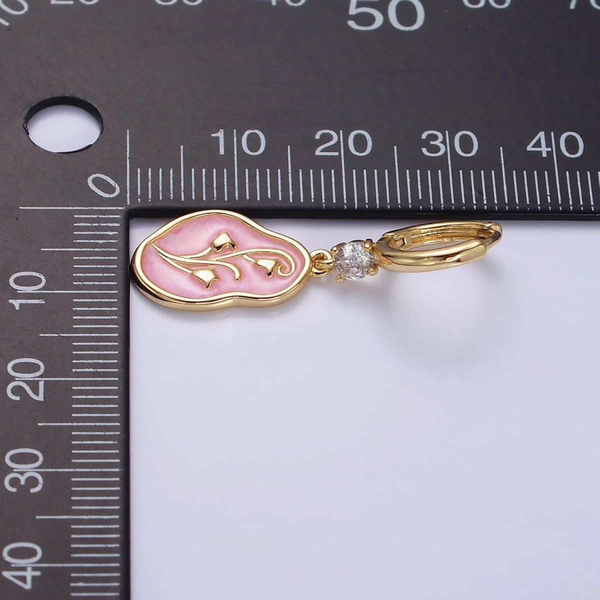 16K Gold Filled Blue, Pink, White Sparkly Enamel Tulip April Birth Flower Abstract CZ Drop Huggie Earrings | Y-818 ~ Y-820 - DLUXCA