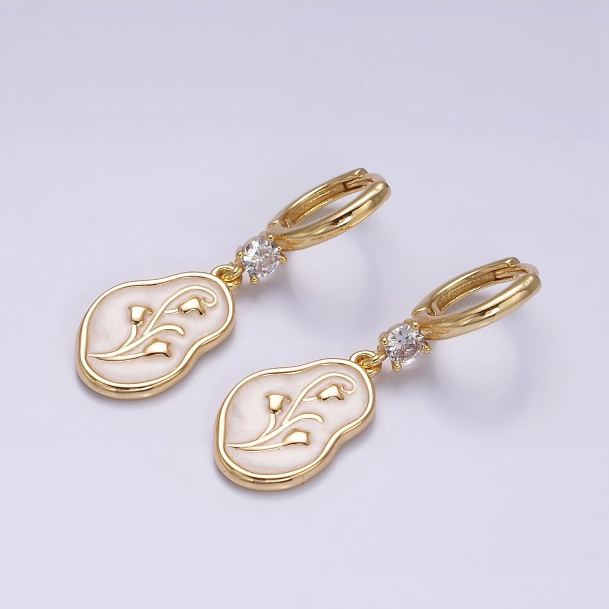 16K Gold Filled Blue, Pink, White Sparkly Enamel Tulip April Birth Flower Abstract CZ Drop Huggie Earrings | Y-818 ~ Y-820 - DLUXCA