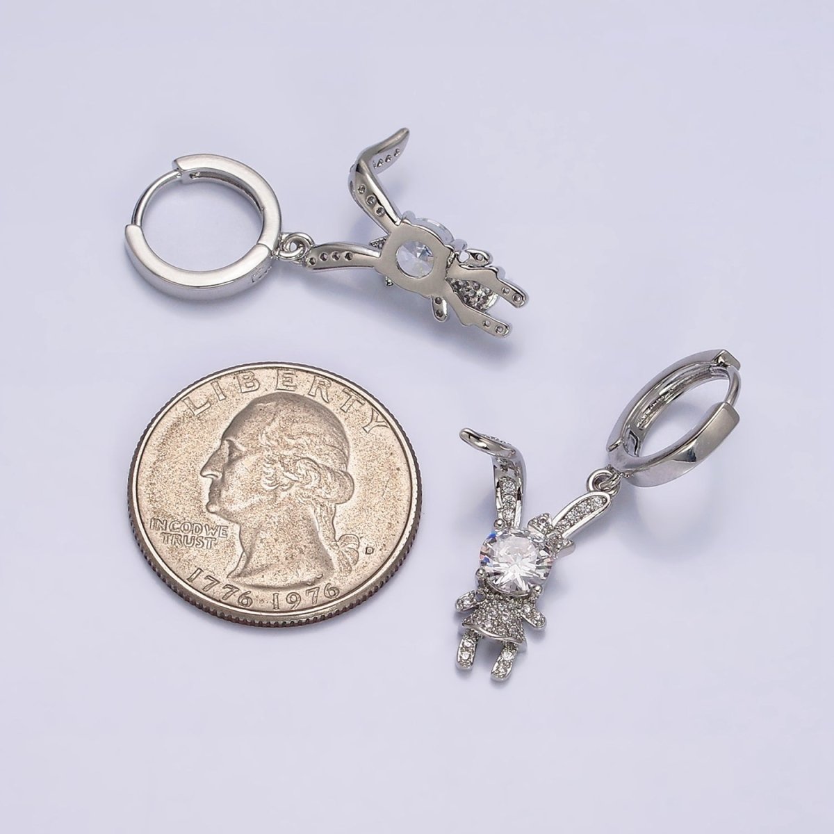 16K Gold Filled Bunny Rabbit Clear, Pink CZ Micro Paved Drop Huggie Earrings in Gold & Silver | AD1227 AE822 - AE824 - DLUXCA