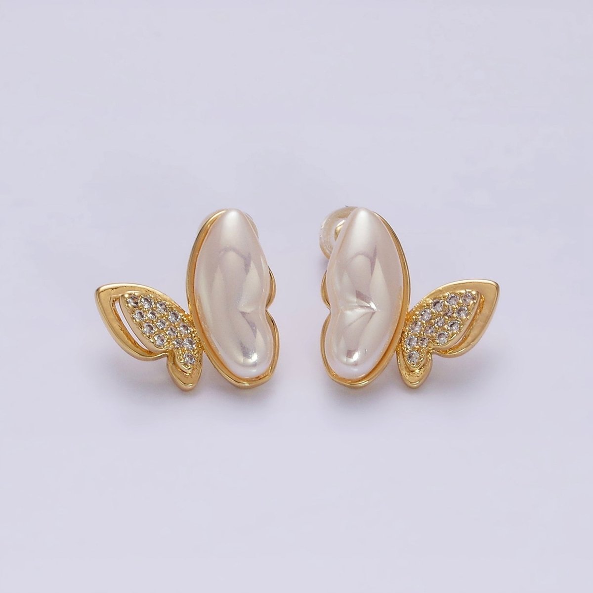 16K Gold Filled Butterfly Mariposa Pearl Micro Paved CZ Wings Stud Earrings Set in Gold & Silver | Y-885 Y-886 - DLUXCA