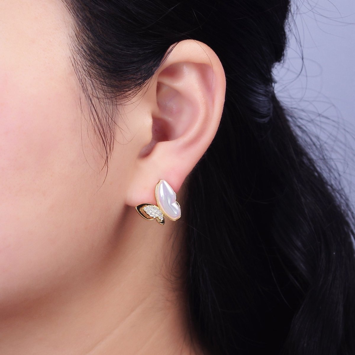 16K Gold Filled Butterfly Mariposa Pearl Micro Paved CZ Wings Stud Earrings Set in Gold & Silver | Y-885 Y-886 - DLUXCA