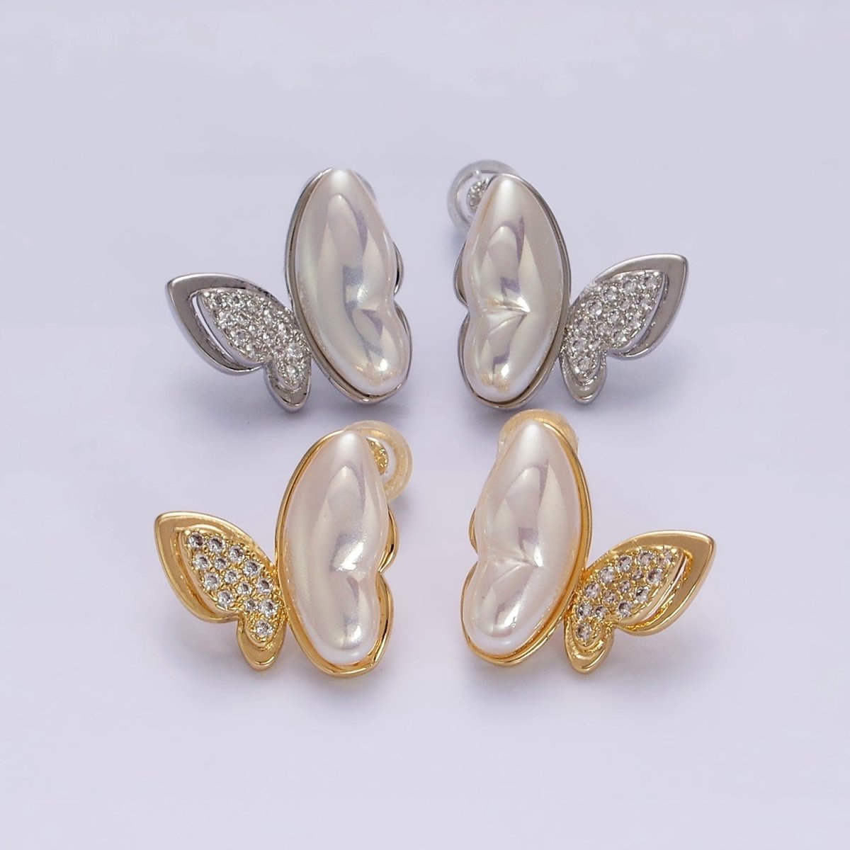 16K Gold Filled Butterfly Mariposa Pearl Micro Paved CZ Wings Stud Earrings Set in Gold & Silver | Y-885 Y-886 - DLUXCA