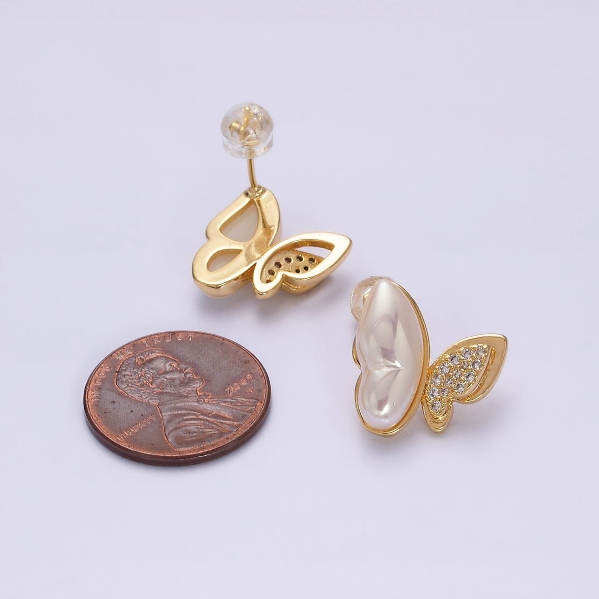 16K Gold Filled Butterfly Mariposa Pearl Micro Paved CZ Wings Stud Earrings Set in Gold & Silver | Y-885 Y-886 - DLUXCA