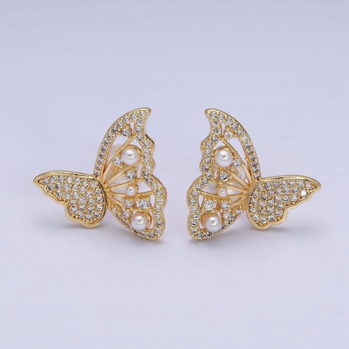 16K Gold Filled Butterfly Wings Pearl Micro Paved CZ Stud Earrings Set in Gold & Silver | AD1322 AD1342 - DLUXCA