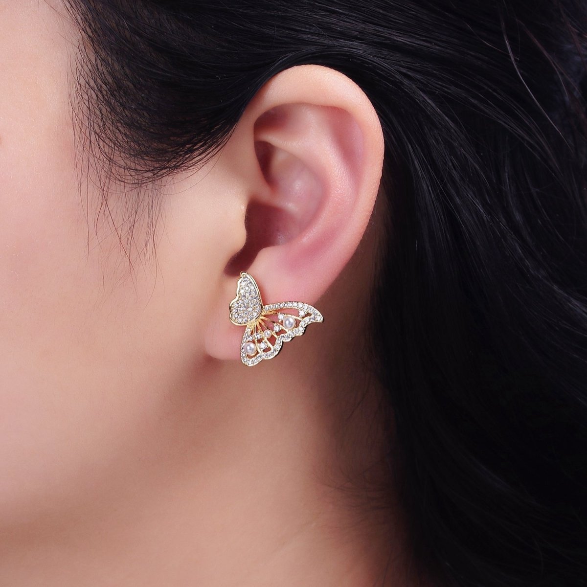 16K Gold Filled Butterfly Wings Pearl Micro Paved CZ Stud Earrings Set in Gold & Silver | AD1322 AD1342 - DLUXCA