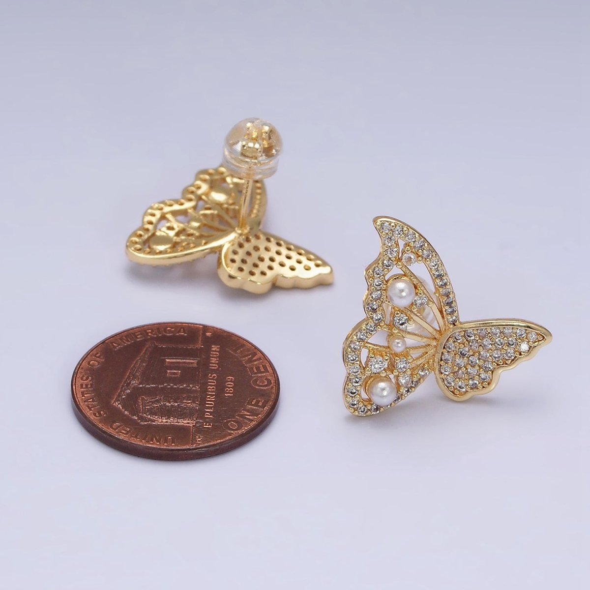 16K Gold Filled Butterfly Wings Pearl Micro Paved CZ Stud Earrings Set in Gold & Silver | AD1322 AD1342 - DLUXCA