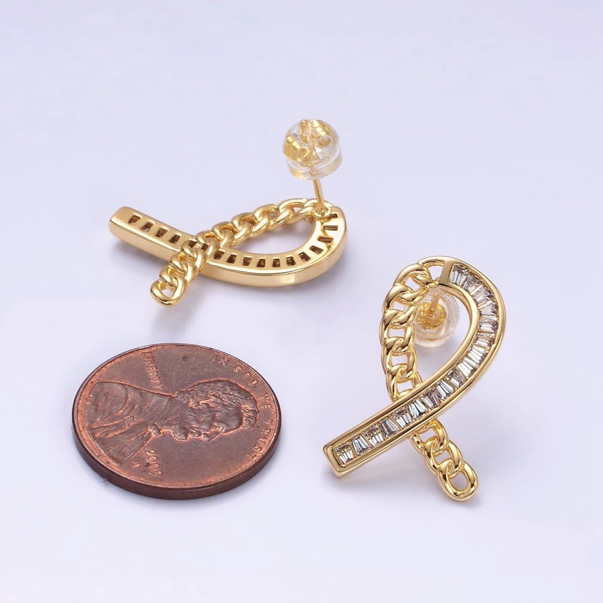 16K Gold Filled Cancer Awareness Ribbon Curb Link Baguette Lined Stud Earrings in Gold & Silver | AD990 AD991 - DLUXCA