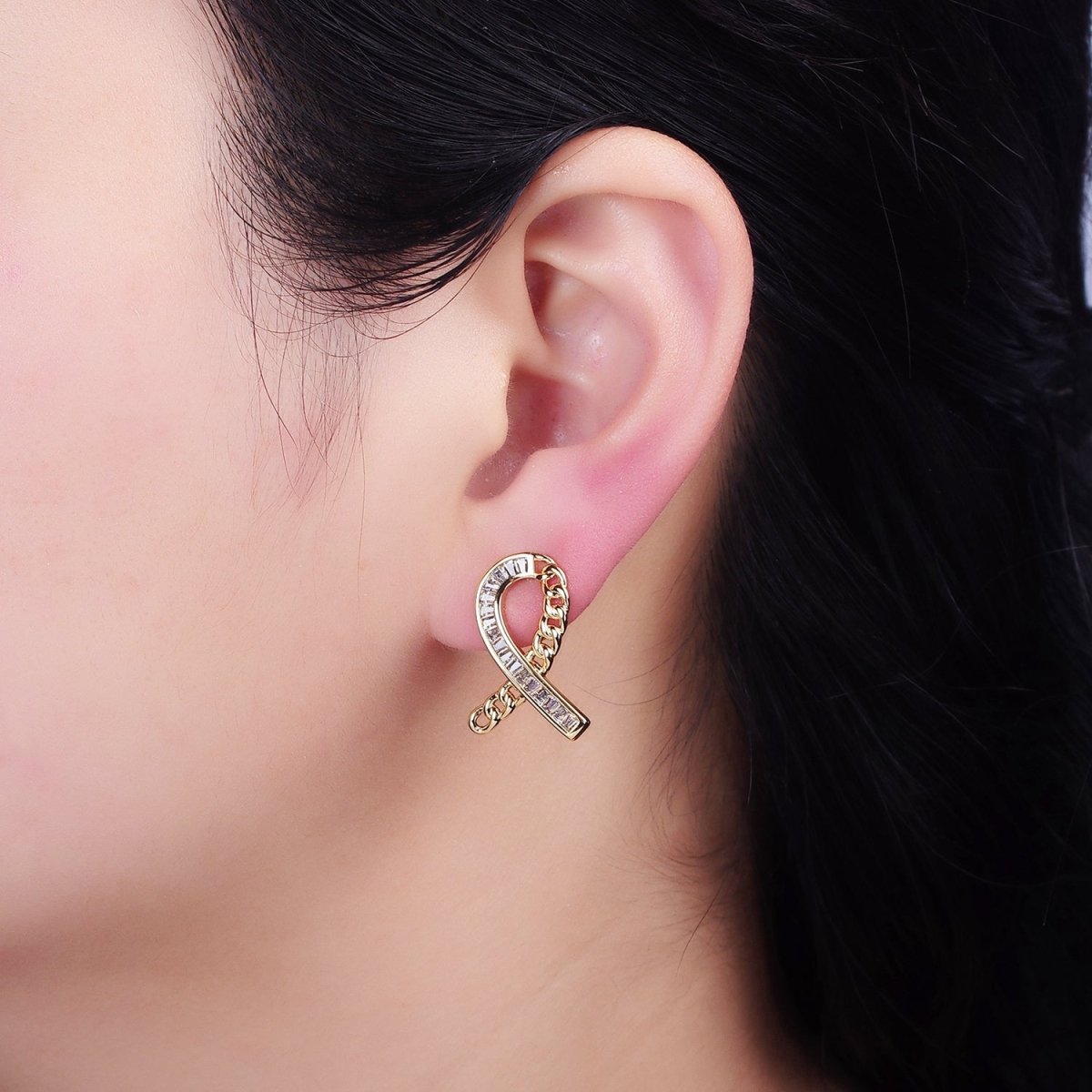 16K Gold Filled Cancer Awareness Ribbon Curb Link Baguette Lined Stud Earrings in Gold & Silver | AD990 AD991 - DLUXCA