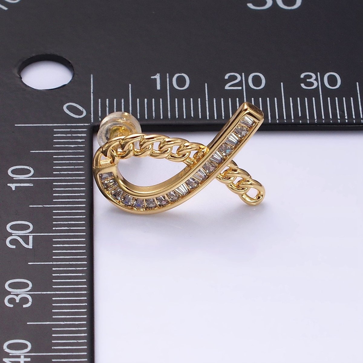 16K Gold Filled Cancer Awareness Ribbon Curb Link Baguette Lined Stud Earrings in Gold & Silver | AD990 AD991 - DLUXCA
