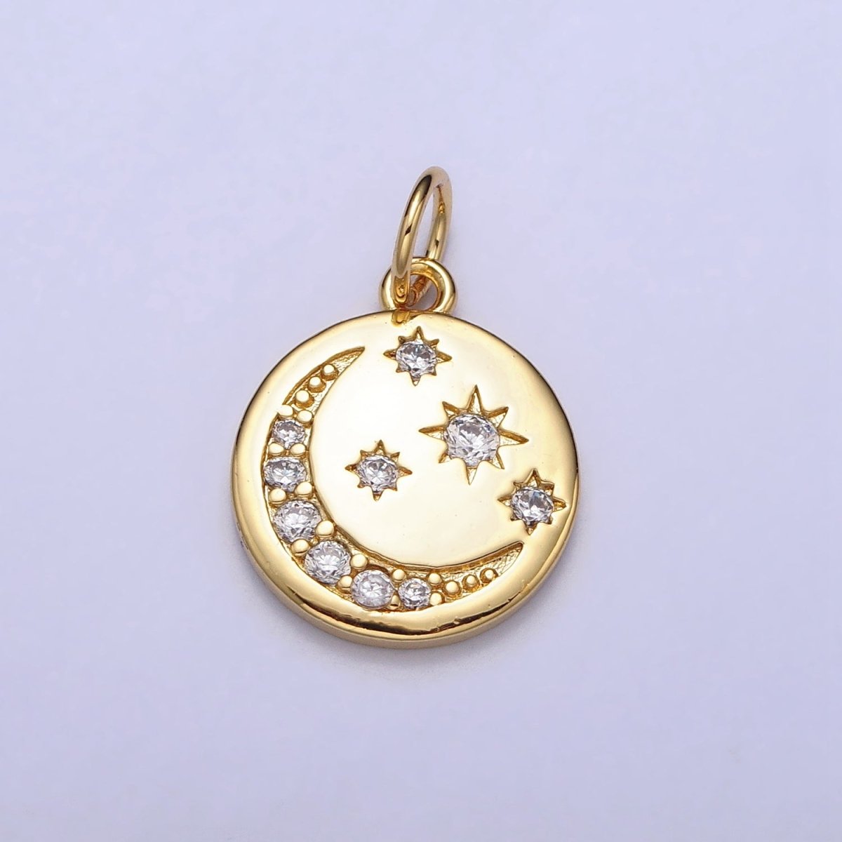 16K Gold Filled Celestial Crescent Moon Micro Paved CZ Round Charm in Gold & Silver | AC1282 AC1283 - DLUXCA