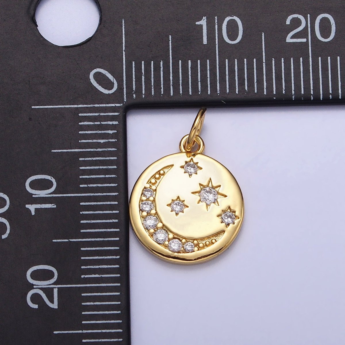 16K Gold Filled Celestial Crescent Moon Micro Paved CZ Round Charm in Gold & Silver | AC1282 AC1283 - DLUXCA