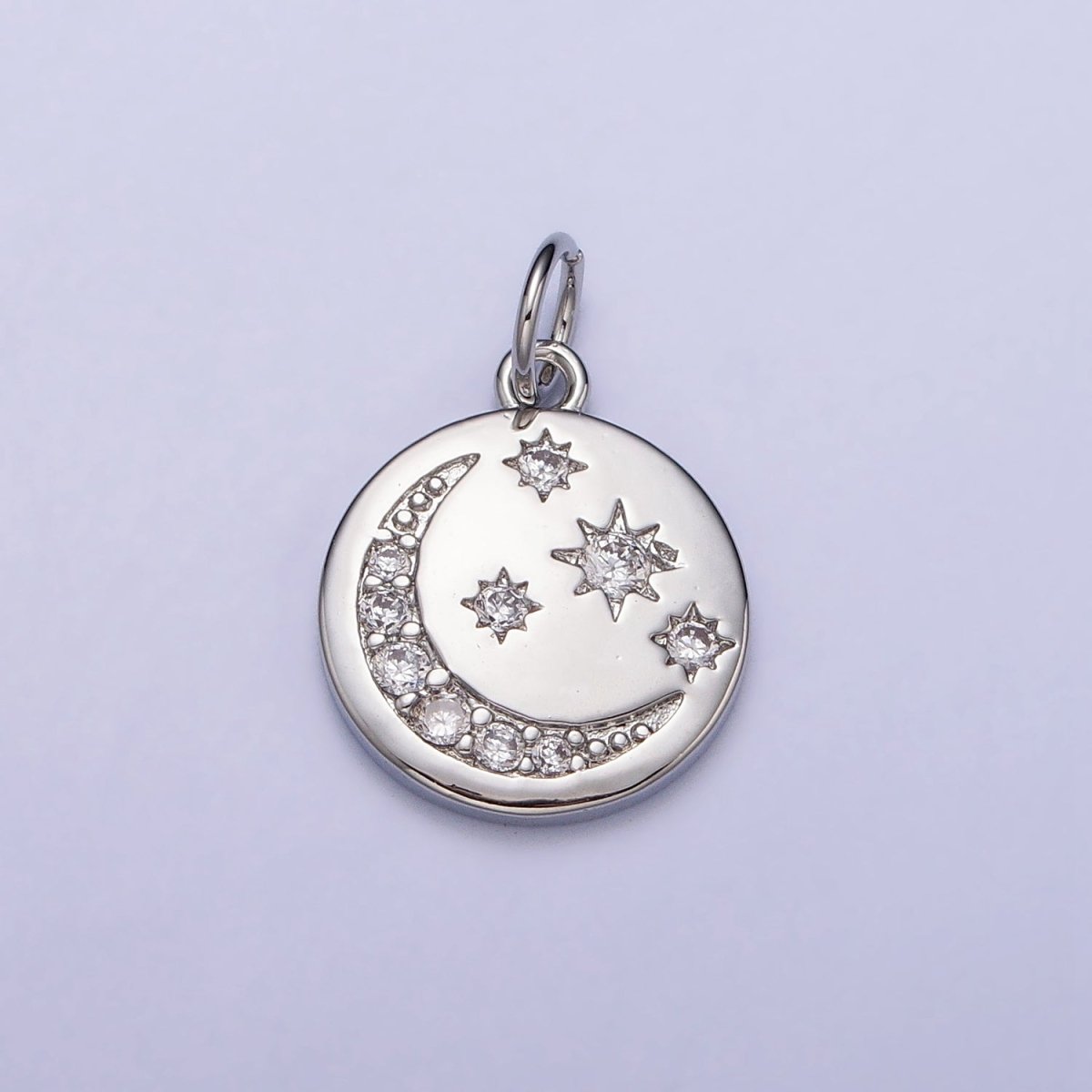16K Gold Filled Celestial Crescent Moon Micro Paved CZ Round Charm in Gold & Silver | AC1282 AC1283 - DLUXCA