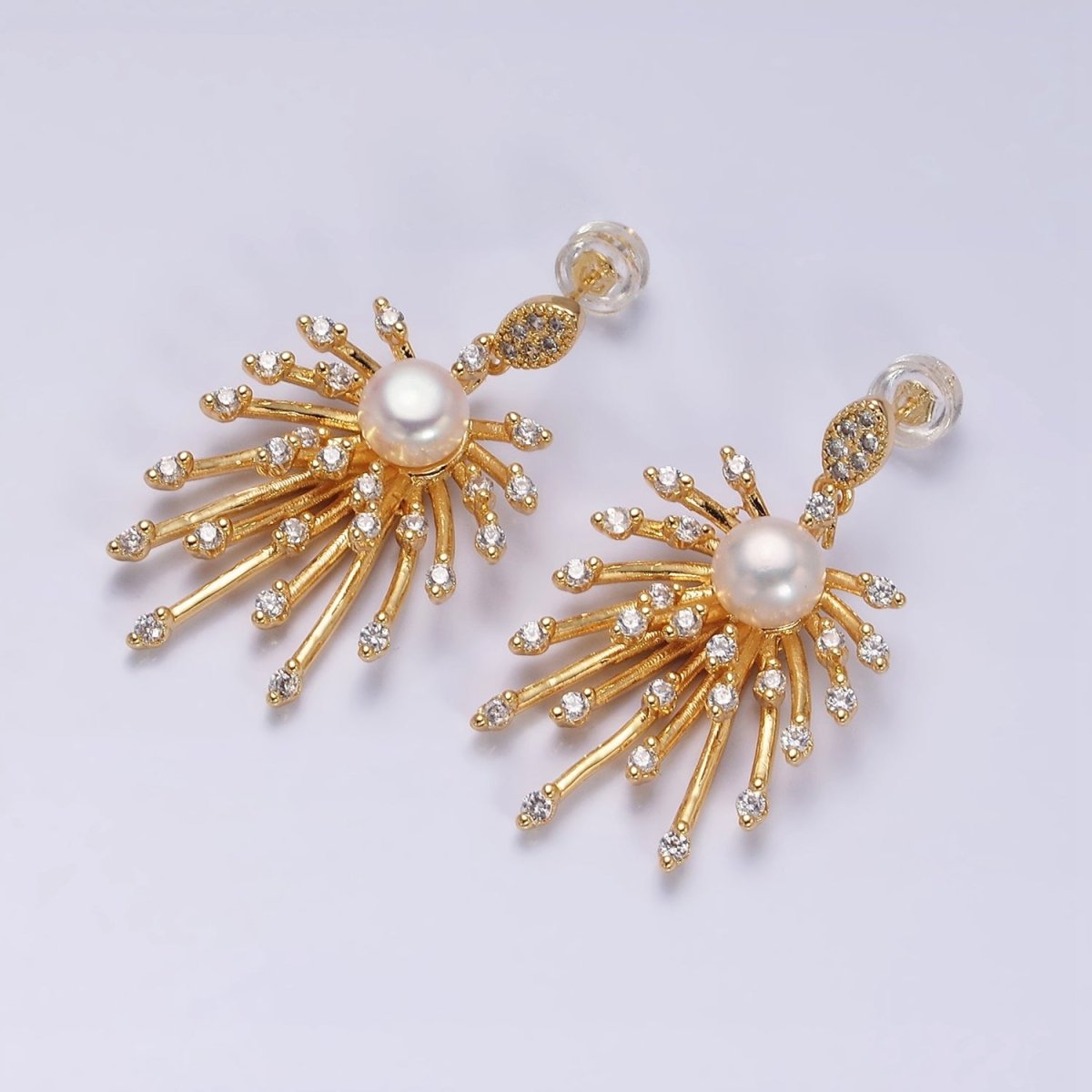 16K Gold Filled Celestial Fireworks Sunburst Pearl CZ Stud Earrings in Gold & Silver | AD1273 AD1274 - DLUXCA