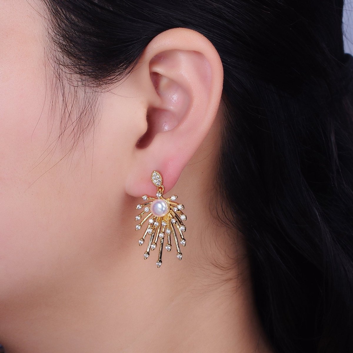 16K Gold Filled Celestial Fireworks Sunburst Pearl CZ Stud Earrings in Gold & Silver | AD1273 AD1274 - DLUXCA
