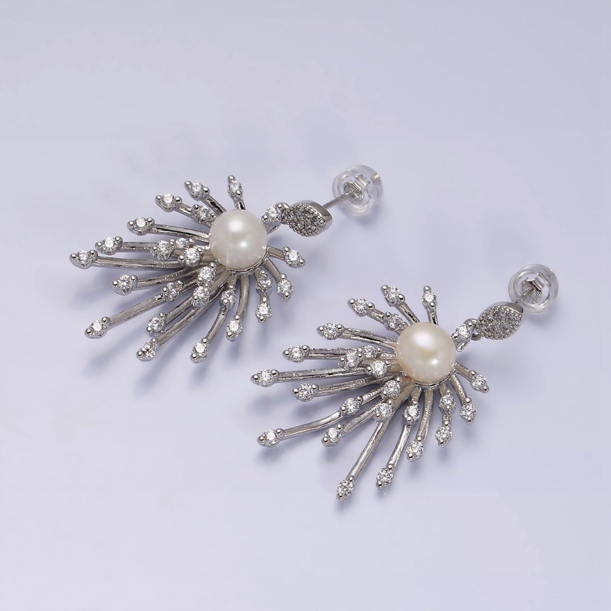 16K Gold Filled Celestial Fireworks Sunburst Pearl CZ Stud Earrings in Gold & Silver | AD1273 AD1274 - DLUXCA