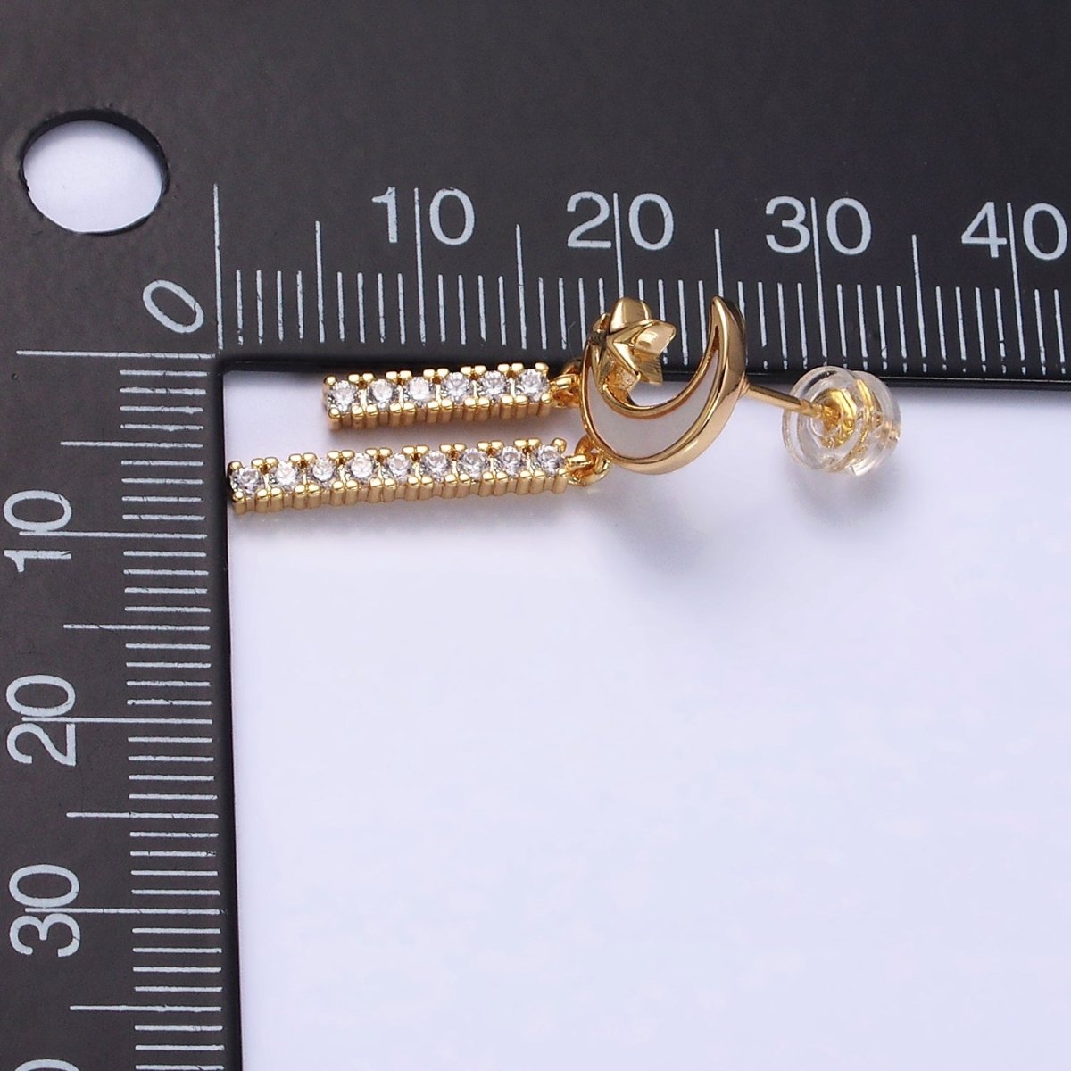 16K Gold Filled Celestial Moon Star Shell Pearl Double Bar Drop Stud Earrings in Gold & Silver | AD1080 AD1081 - DLUXCA