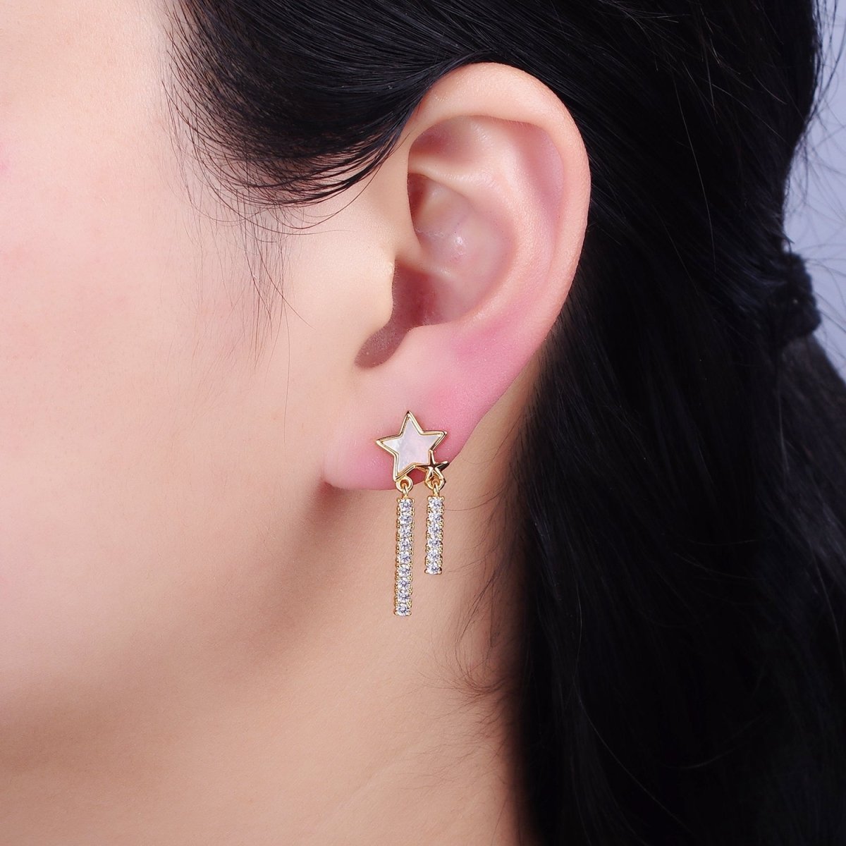 16K Gold Filled Celestial Moon Star Shell Pearl Double Bar Drop Stud Earrings in Gold & Silver | AD1080 AD1081 - DLUXCA