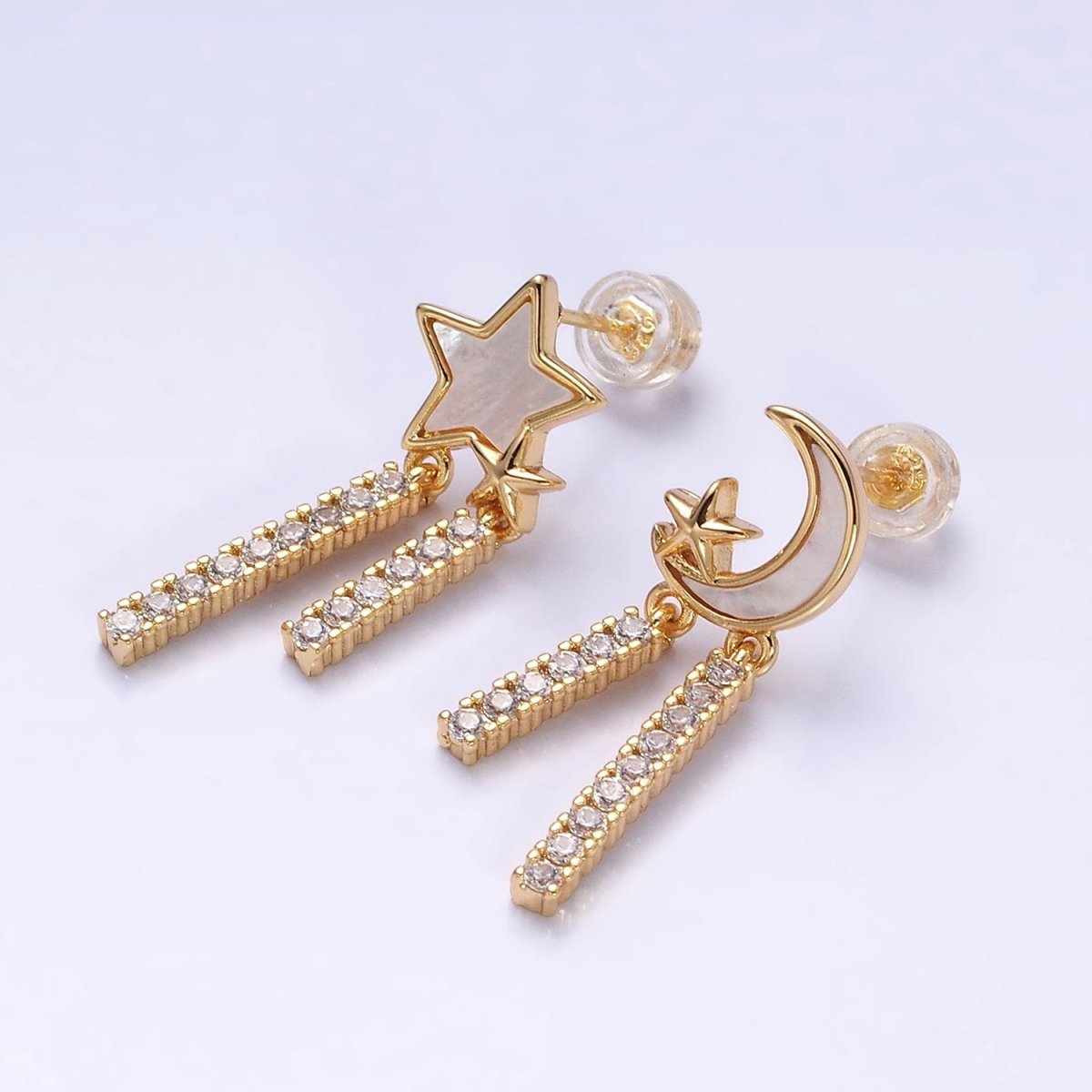 16K Gold Filled Celestial Moon Star Shell Pearl Double Bar Drop Stud Earrings in Gold & Silver | AD1080 AD1081 - DLUXCA