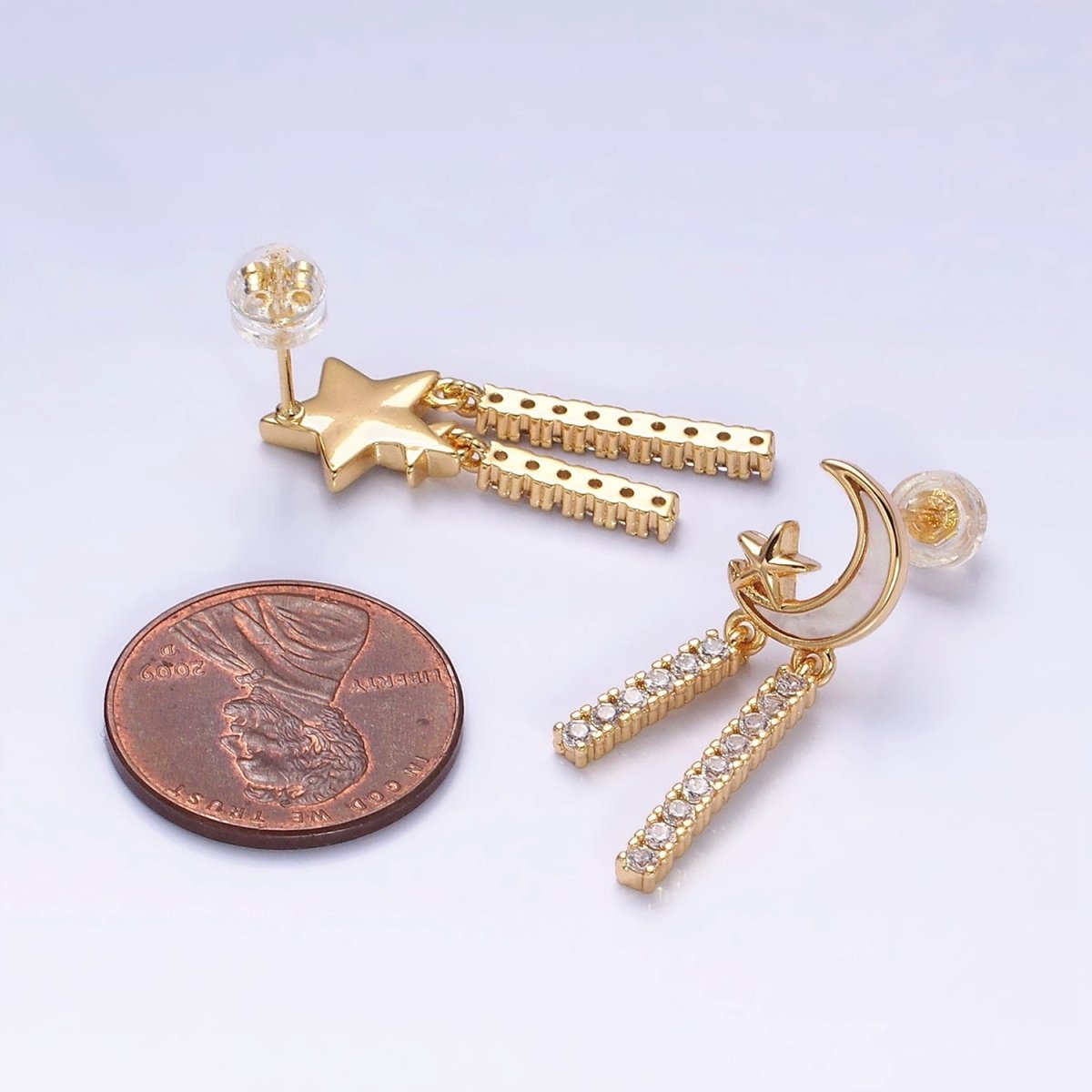 16K Gold Filled Celestial Moon Star Shell Pearl Double Bar Drop Stud Earrings in Gold & Silver | AD1080 AD1081 - DLUXCA