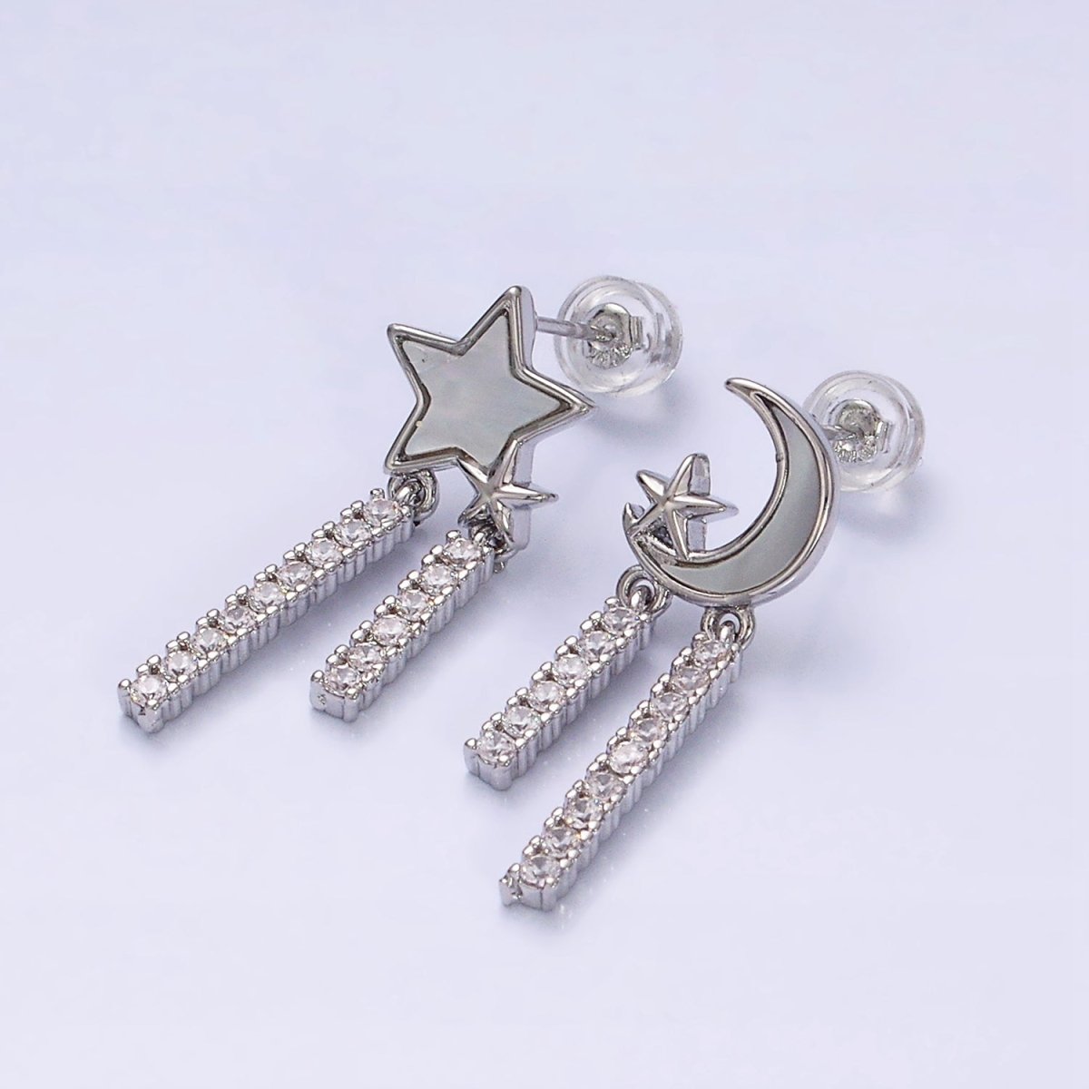 16K Gold Filled Celestial Moon Star Shell Pearl Double Bar Drop Stud Earrings in Gold & Silver | AD1080 AD1081 - DLUXCA