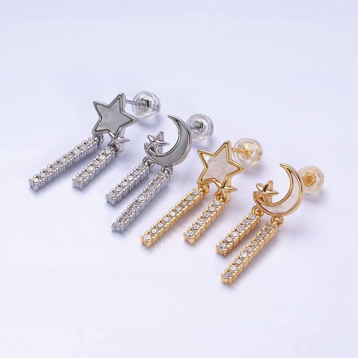 16K Gold Filled Celestial Moon Star Shell Pearl Double Bar Drop Stud Earrings in Gold & Silver | AD1080 AD1081 - DLUXCA