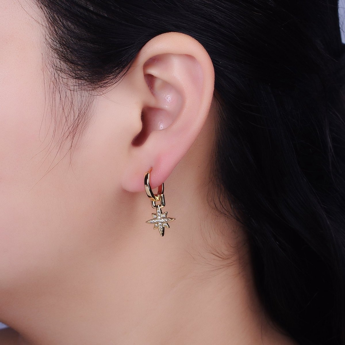 16K Gold Filled Celestial Star Micro Paved Drop Huggie Earrings in Gold & Silver | AD1263 AD1264 - DLUXCA