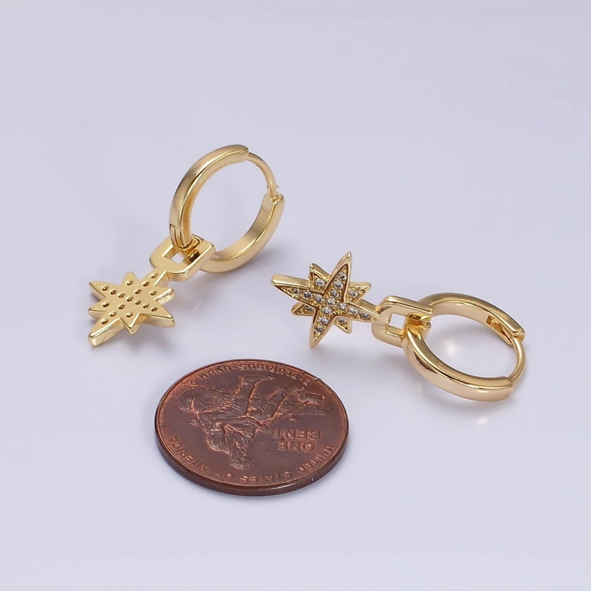 16K Gold Filled Celestial Star Micro Paved Drop Huggie Earrings in Gold & Silver | AD1263 AD1264 - DLUXCA
