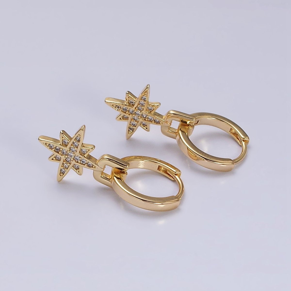 16K Gold Filled Celestial Star Micro Paved Drop Huggie Earrings in Gold & Silver | AD1263 AD1264 - DLUXCA