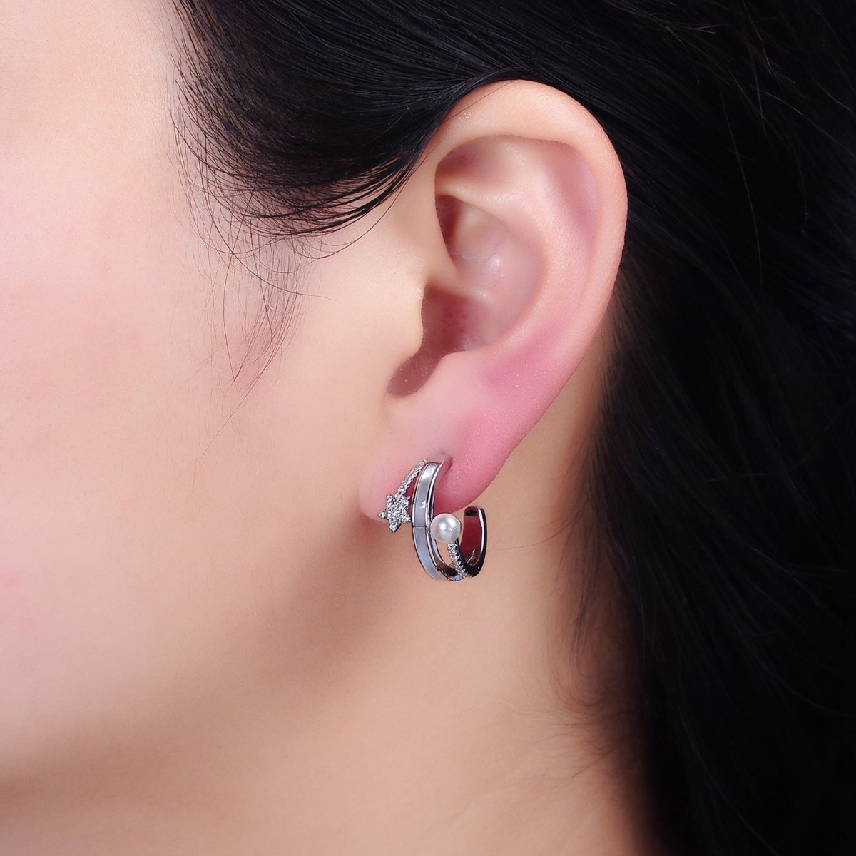 16K Gold Filled Celestial Star Pearl Lined Triple Band C-Shaped Hoop Earrings in Gold & Silver | AD1078 AD1079 - DLUXCA