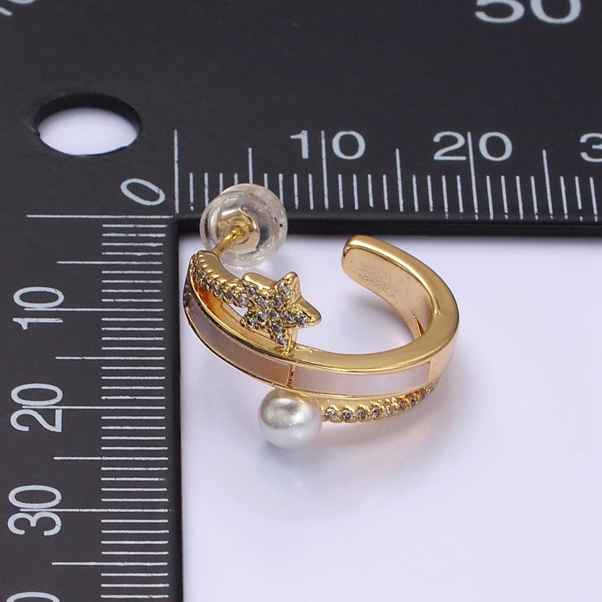 16K Gold Filled Celestial Star Pearl Lined Triple Band C-Shaped Hoop Earrings in Gold & Silver | AD1078 AD1079 - DLUXCA