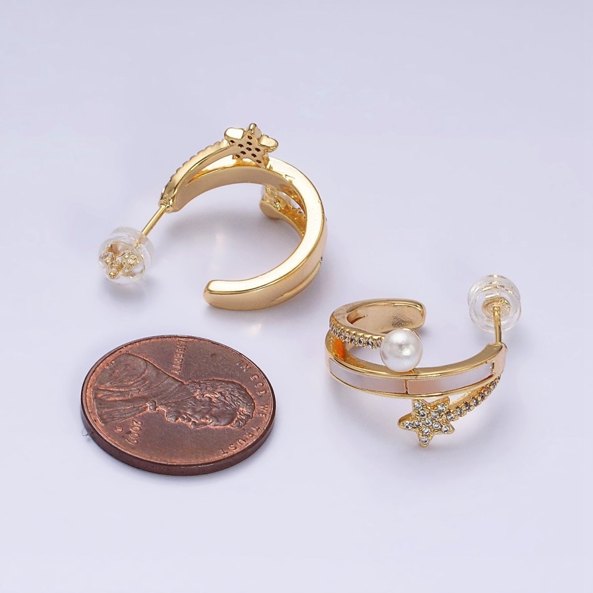 16K Gold Filled Celestial Star Pearl Lined Triple Band C-Shaped Hoop Earrings in Gold & Silver | AD1078 AD1079 - DLUXCA