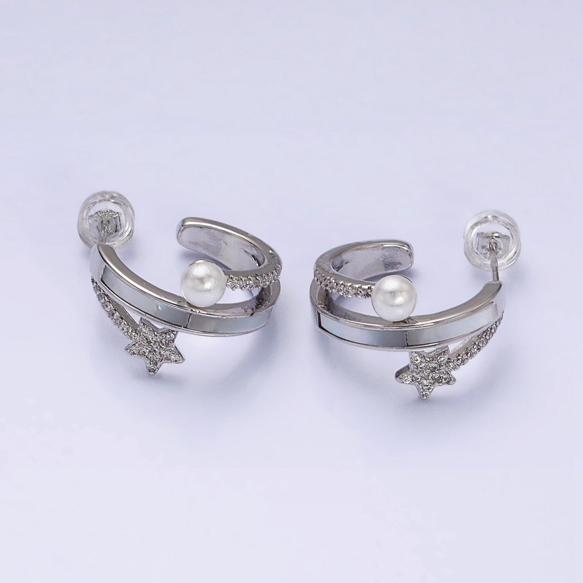 16K Gold Filled Celestial Star Pearl Lined Triple Band C-Shaped Hoop Earrings in Gold & Silver | AD1078 AD1079 - DLUXCA