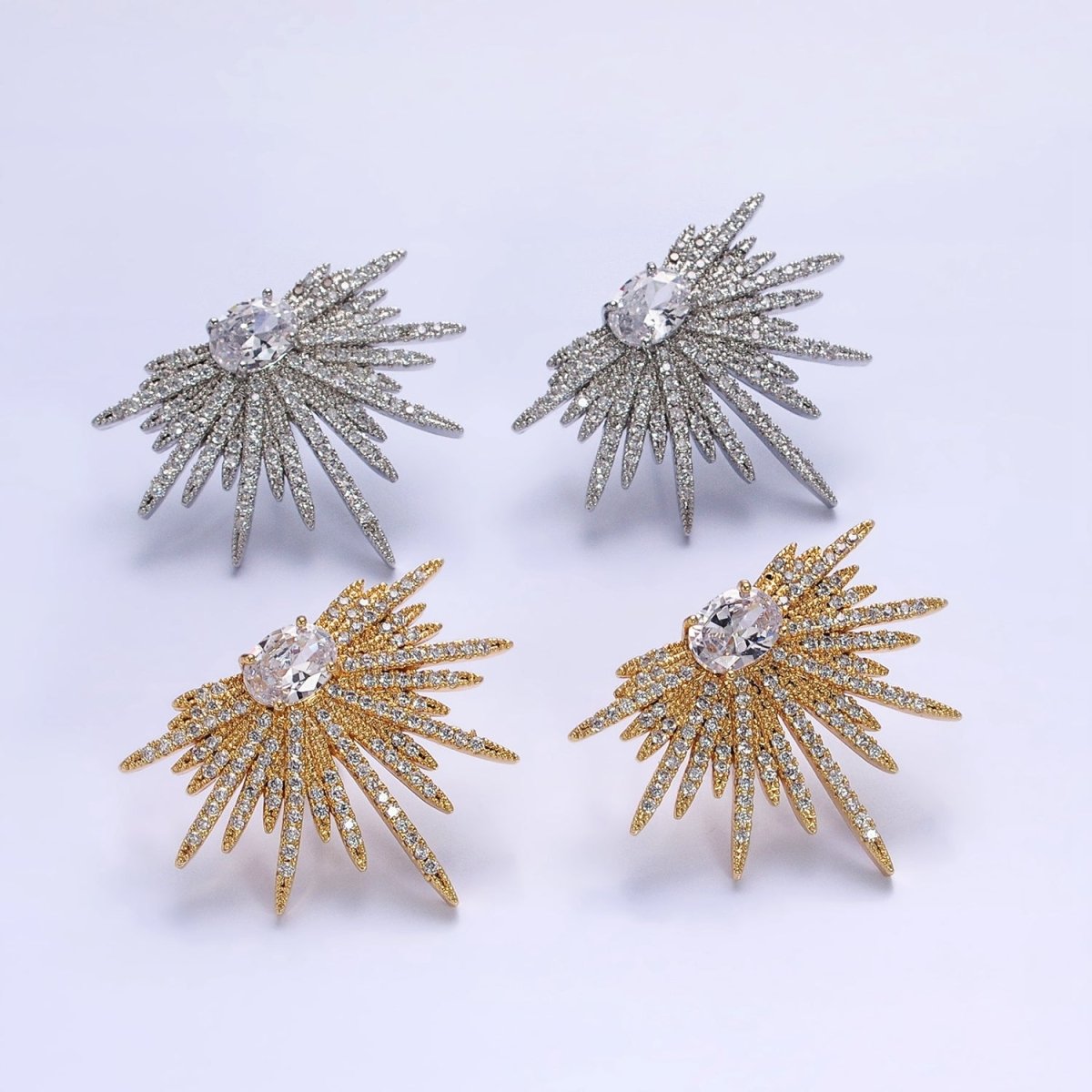 16K Gold Filled Celestial Starburst Oval Micro Paved CZ Stud Earrings in Gold & Silver | AB1537 AB1538 - DLUXCA