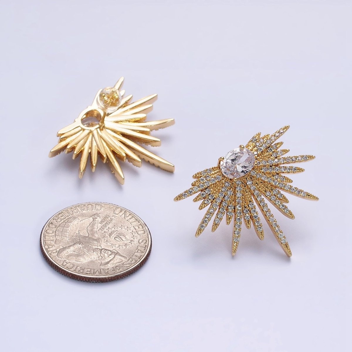 16K Gold Filled Celestial Starburst Oval Micro Paved CZ Stud Earrings in Gold & Silver | AB1537 AB1538 - DLUXCA