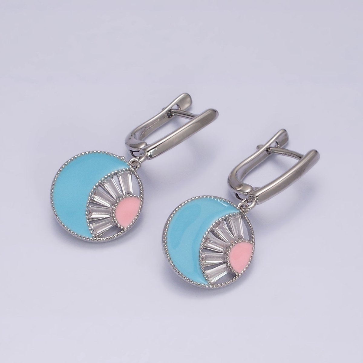 16K Gold Filled Celestial Sun Crescent Moon Blue & Pink Enamel Baguette Drop English Lock Earrings in Gold & Silver | Y-889 Y-890 - DLUXCA