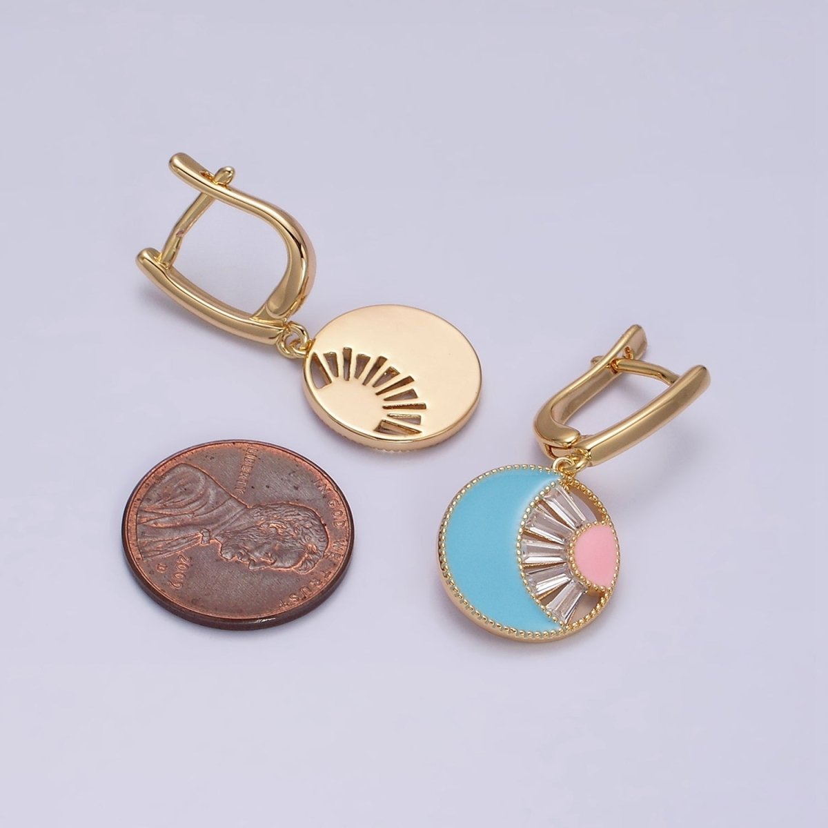 16K Gold Filled Celestial Sun Crescent Moon Blue & Pink Enamel Baguette Drop English Lock Earrings in Gold & Silver | Y-889 Y-890 - DLUXCA