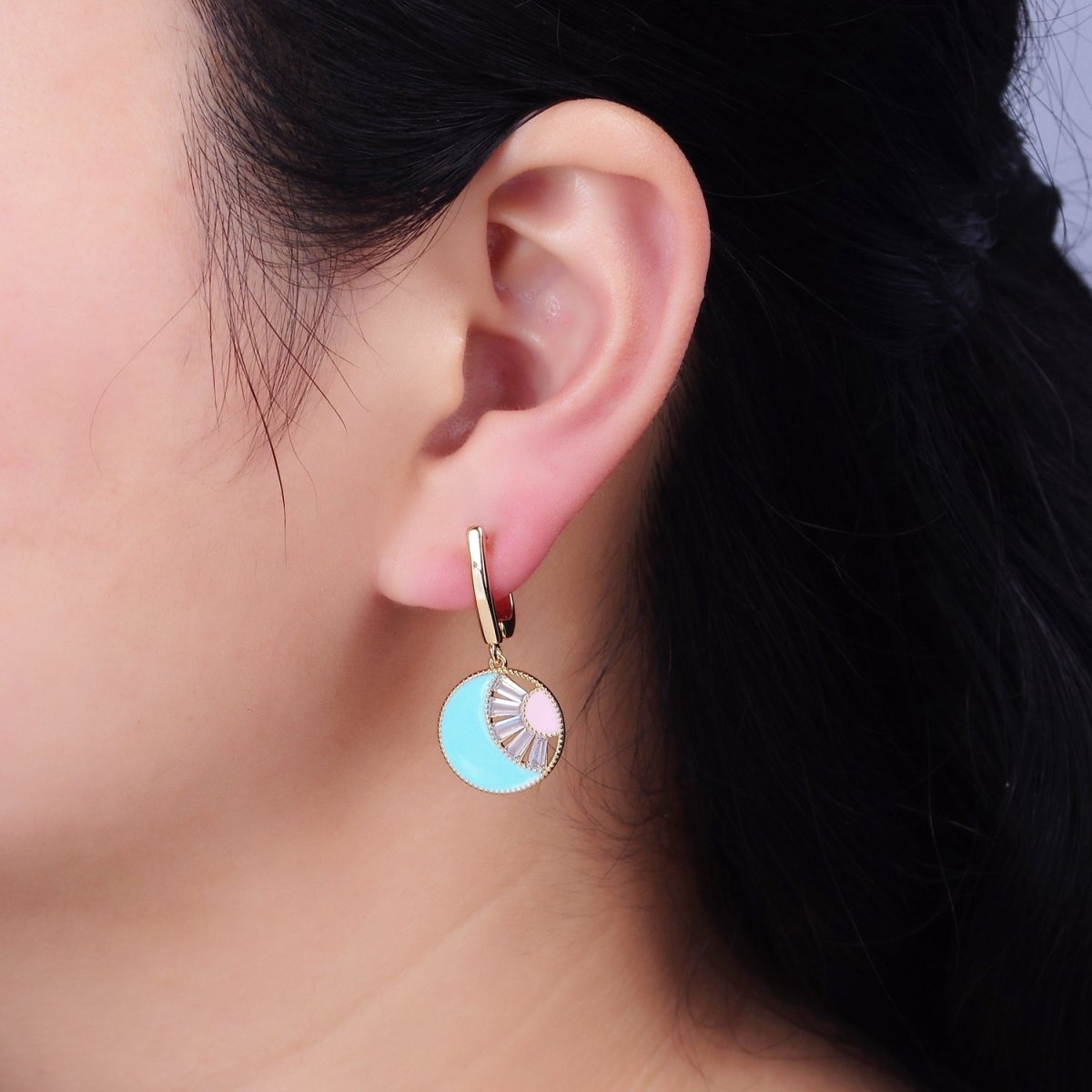 16K Gold Filled Celestial Sun Crescent Moon Blue & Pink Enamel Baguette Drop English Lock Earrings in Gold & Silver | Y-889 Y-890 - DLUXCA