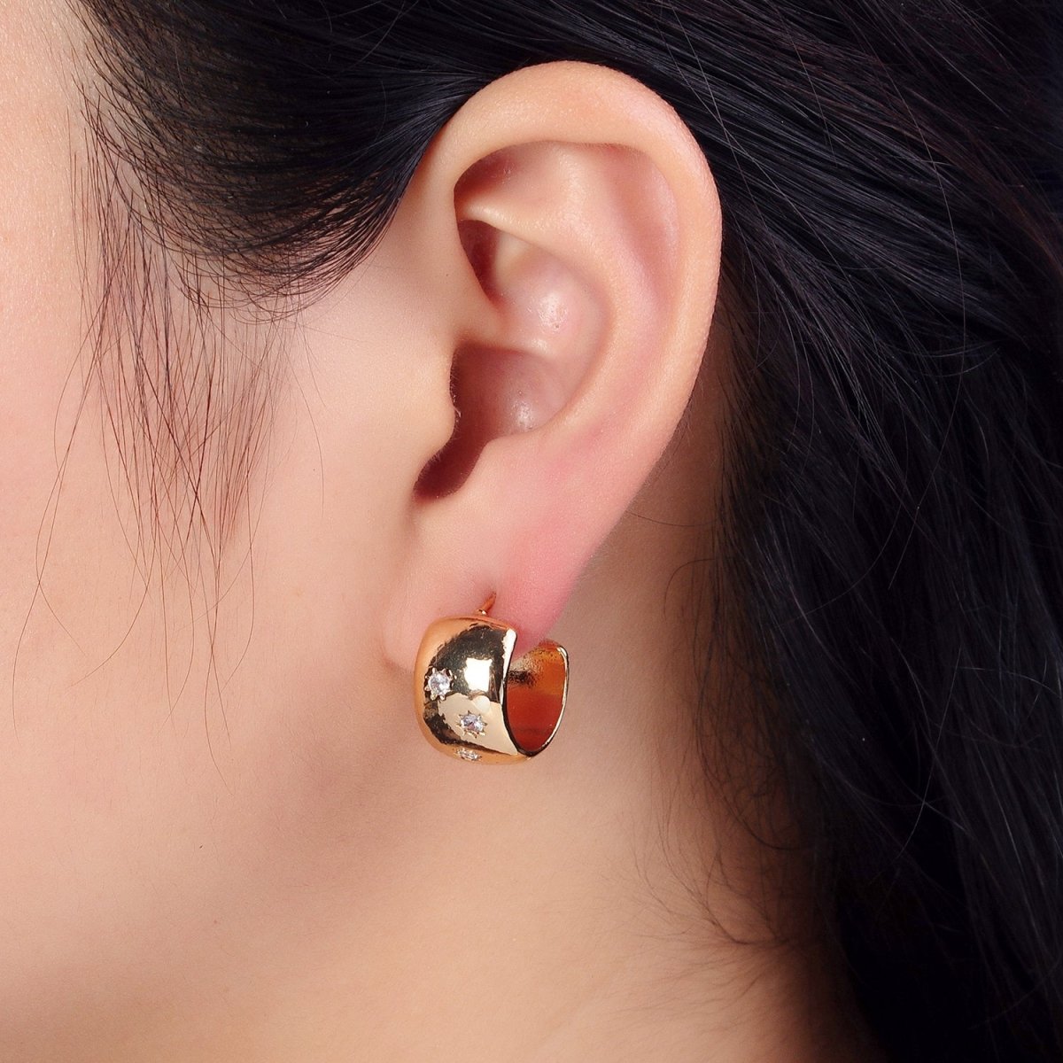 16K Gold Filled Celestial Sun Star Clear CZ Wide Dome 17mm C-Shaped Hoop Earring | AB173 - DLUXCA