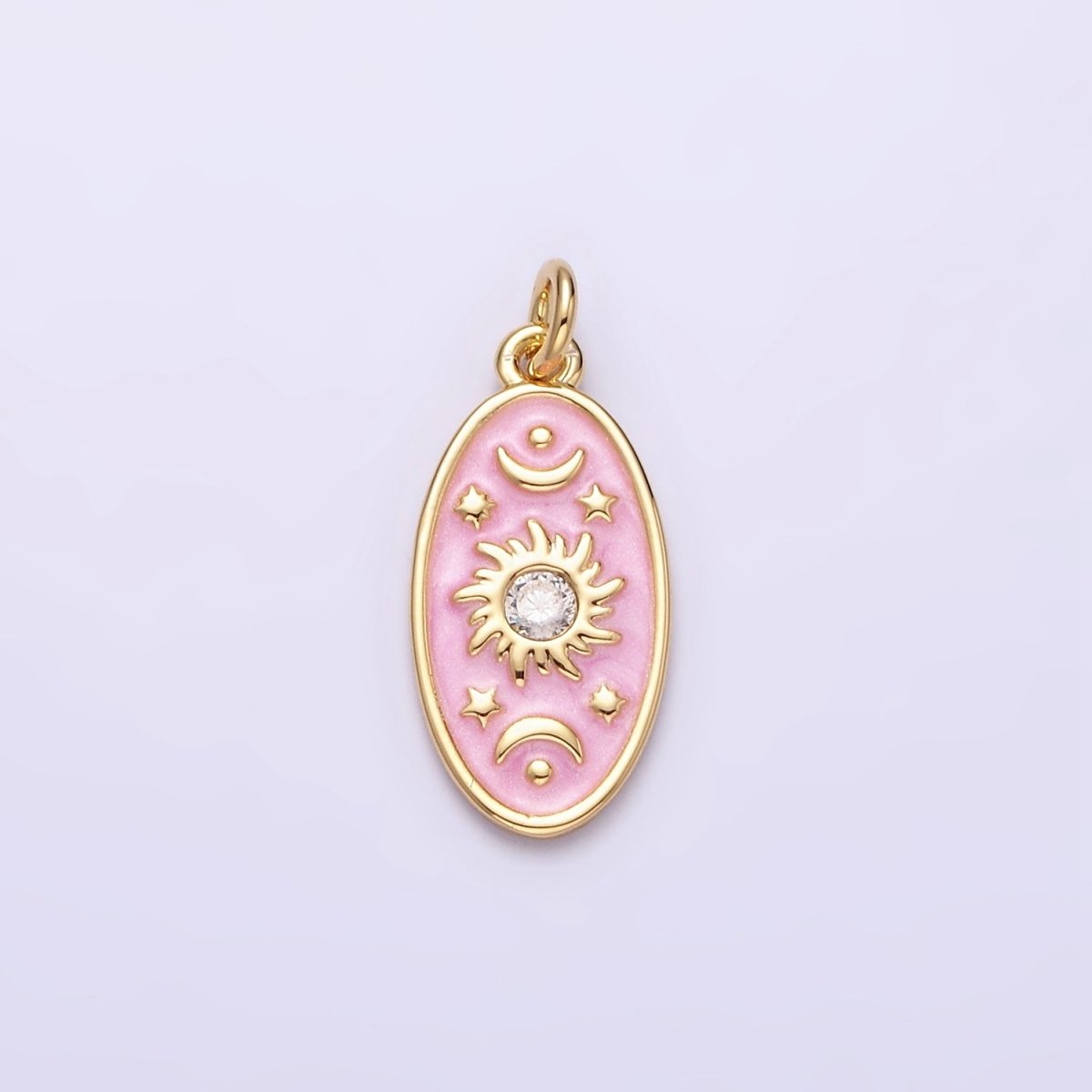 16K Gold Filled Celestial Sun Star Crescent Moon White, Blue, Pink Sparkly Enamel Oval Charm in Gold & Silver | AC1336 - AC1341 - DLUXCA