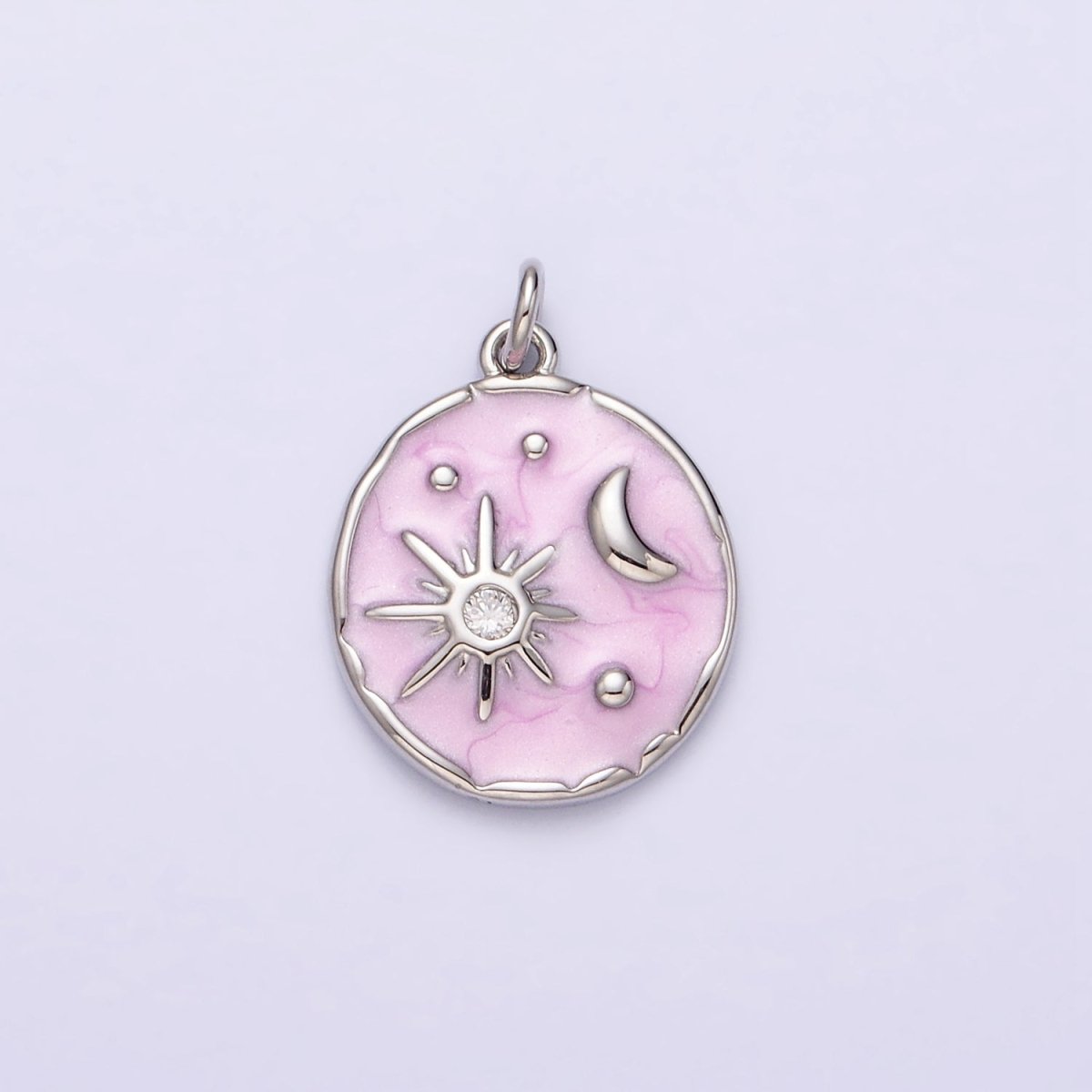 16K Gold Filled Celestial Sun Star Crescent Moon White, Blue, Pink Sparkly Enamel Round Stamped Charm in Gold & Silver | AC1356 - AC1361 - DLUXCA