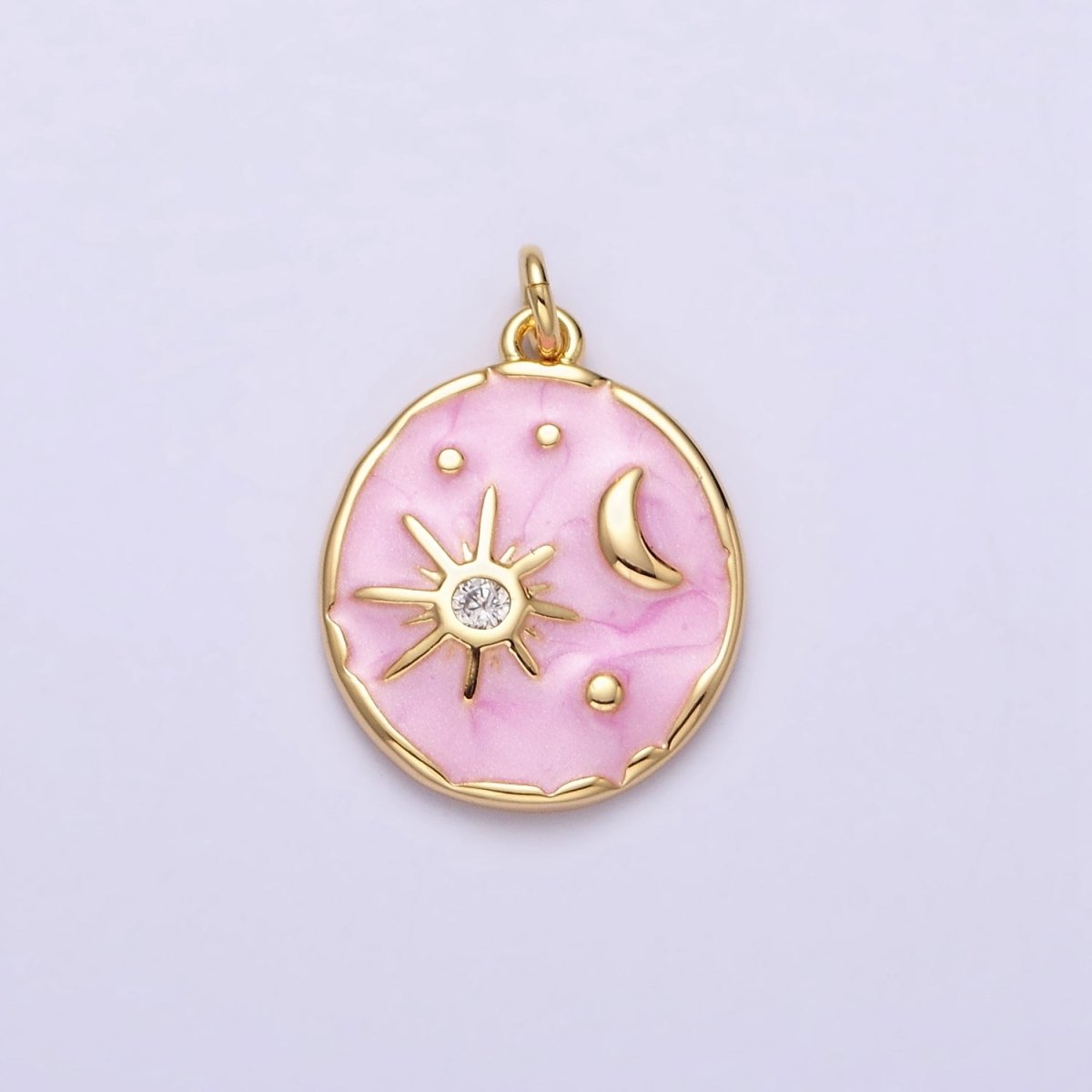 16K Gold Filled Celestial Sun Star Crescent Moon White, Blue, Pink Sparkly Enamel Round Stamped Charm in Gold & Silver | AC1356 - AC1361 - DLUXCA