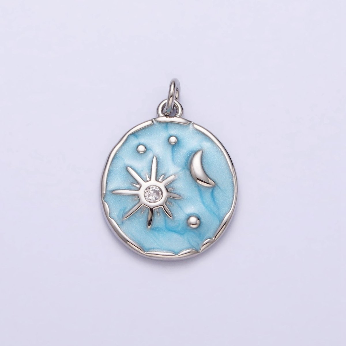 16K Gold Filled Celestial Sun Star Crescent Moon White, Blue, Pink Sparkly Enamel Round Stamped Charm in Gold & Silver | AC1356 - AC1361 - DLUXCA