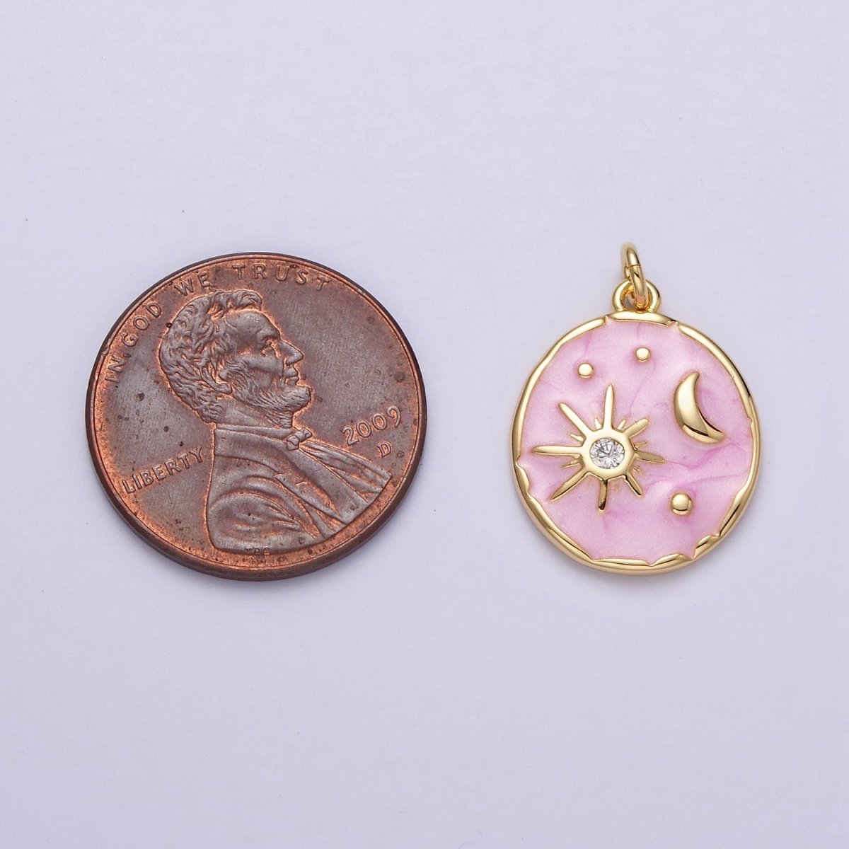 16K Gold Filled Celestial Sun Star Crescent Moon White, Blue, Pink Sparkly Enamel Round Stamped Charm in Gold & Silver | AC1356 - AC1361 - DLUXCA