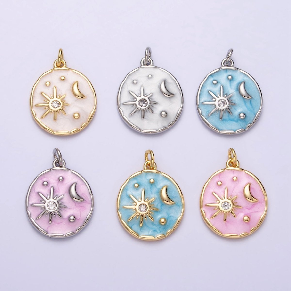 16K Gold Filled Celestial Sun Star Crescent Moon White, Blue, Pink Sparkly Enamel Round Stamped Charm in Gold & Silver | AC1356 - AC1361 - DLUXCA