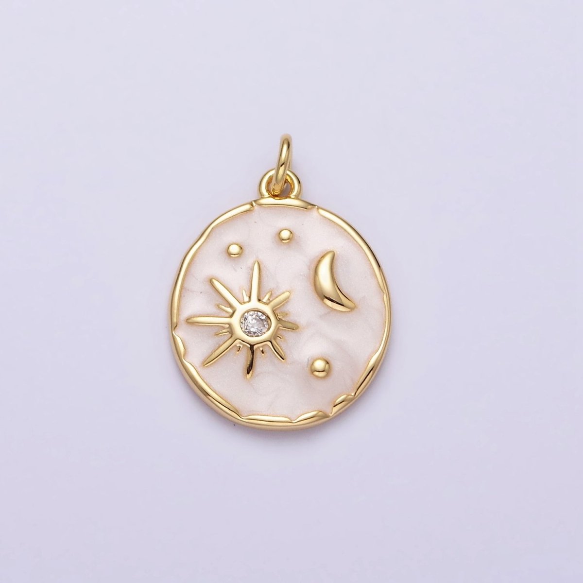 16K Gold Filled Celestial Sun Star Crescent Moon White, Blue, Pink Sparkly Enamel Round Stamped Charm in Gold & Silver | AC1356 - AC1361 - DLUXCA