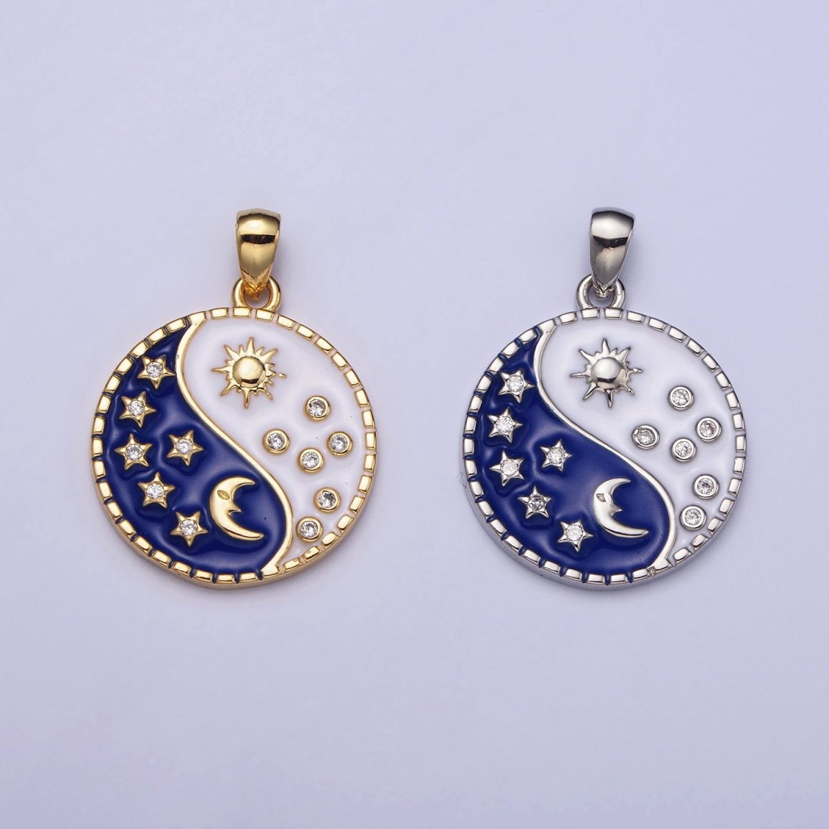16K Gold Filled Celestial Yin Yang CZ Star White Sun Blue Moon Enamel Pendant in Gold & Silver | AA533 AA534 - DLUXCA